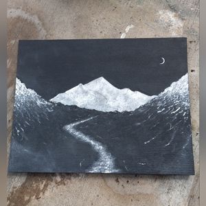 Handmade black and white Mountain painting on flat canvas